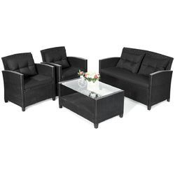 4 Pcs Patio Conversation Set Garden Lawn Wicker Patio Set