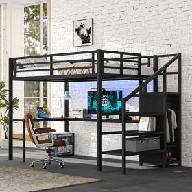 Full Size Loft Bed with L-shaped Desk and USB, Metal Loft Bed with Wardrobe and Adjustable Shelf, High Loft Bed with LED for Kids Teens Adults, B