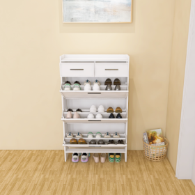 PVC Surface Shaker Shape Door Shoe Rack 3 Doors Shoe Cabinet With 2 Drawers With Open Space For Shoes (Color: White)