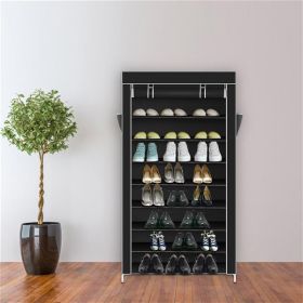 10 Tiers Shoe Rack With Dustproof Cover Closet Shoe Storage Cabinet Organizer Black (Color: Black)