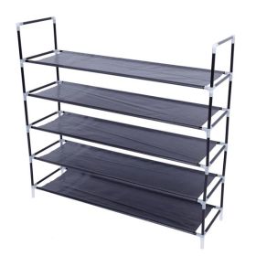 Simple Assembly 5 Tiers Non-woven Fabric Shoe Rack With Handle Black (Color: Black)