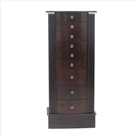 Wooden Floor Standing Jewelry Mirror Cabinet With 9 Layers And 8 Drawers And Double Doors (Color: Brown)