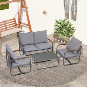 4-Piece Outdoor Patio Furniture Sets, Patio Conversation Set with Removable Seating Cushion, Courtyard Patio Set for Home, Yard, Poolside (Grey) (Color: LIGHT GREY)