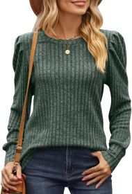 Women's Bubble Long Sleeve Sweater Casual Round Neck Knitted Shirt Top Autumn Shirt Clothes (Color: Green, size: L)